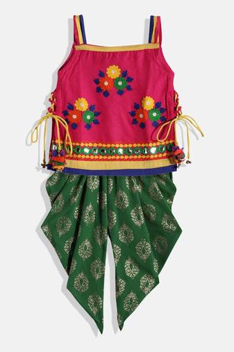 Embroidered Kurta With Printed Dhoti Pants- Pink & Green