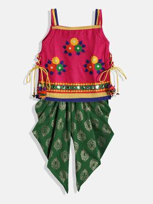 Embroidered Kurta With Printed Dhoti Pants- Pink & Green 1