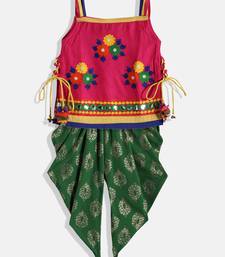 Embroidered Kurta With Printed Dhoti Pants- Pink & Green