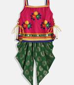 Embroidered Kurta With Printed Dhoti Pants- Pink & Green