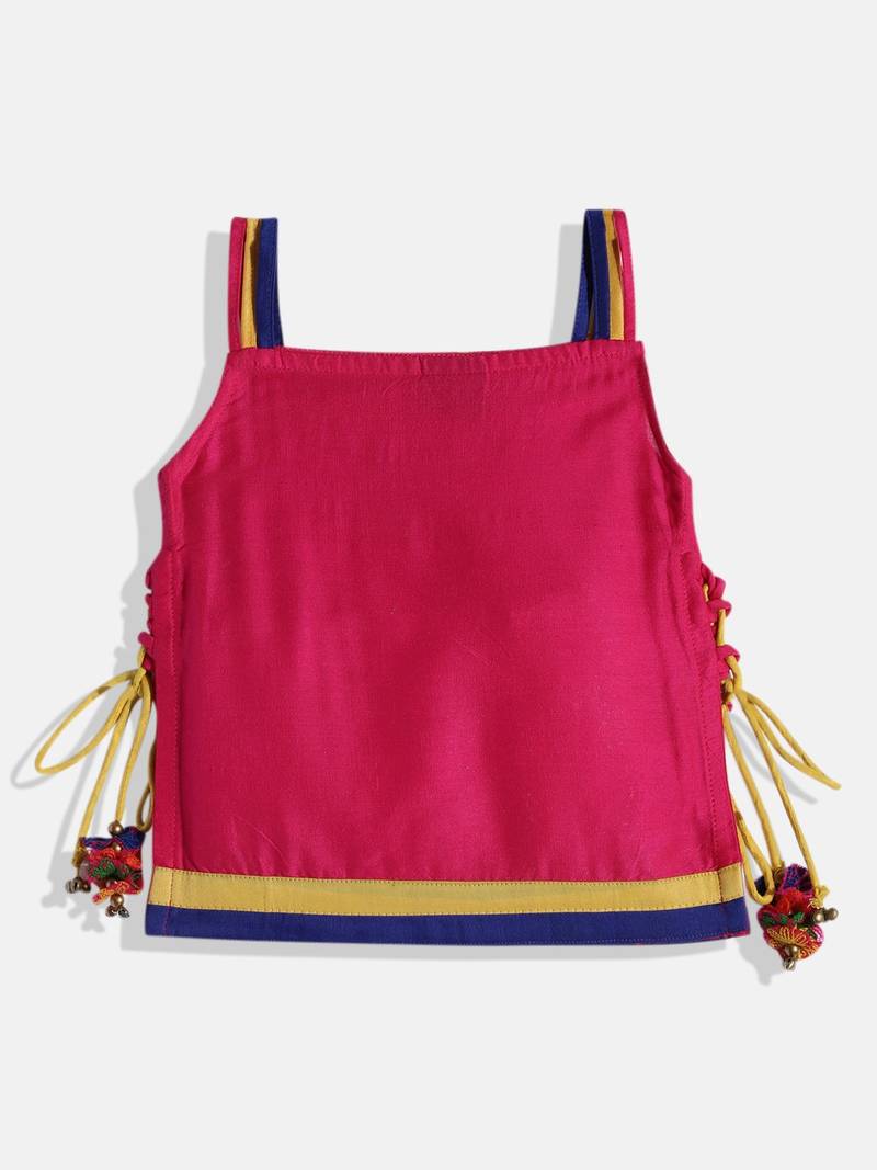 Embroidered Kurta With Printed Dhoti Pants- Pink & Green