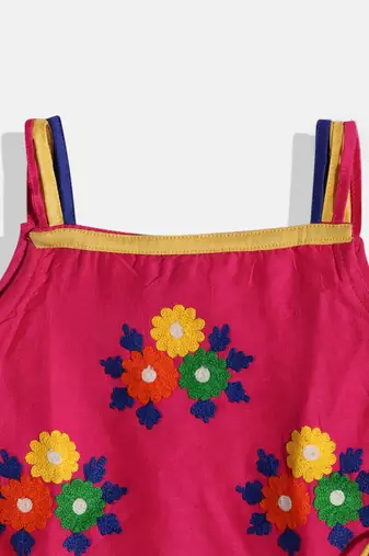 Embroidered Kurta With Printed Dhoti Pants- Pink & Green