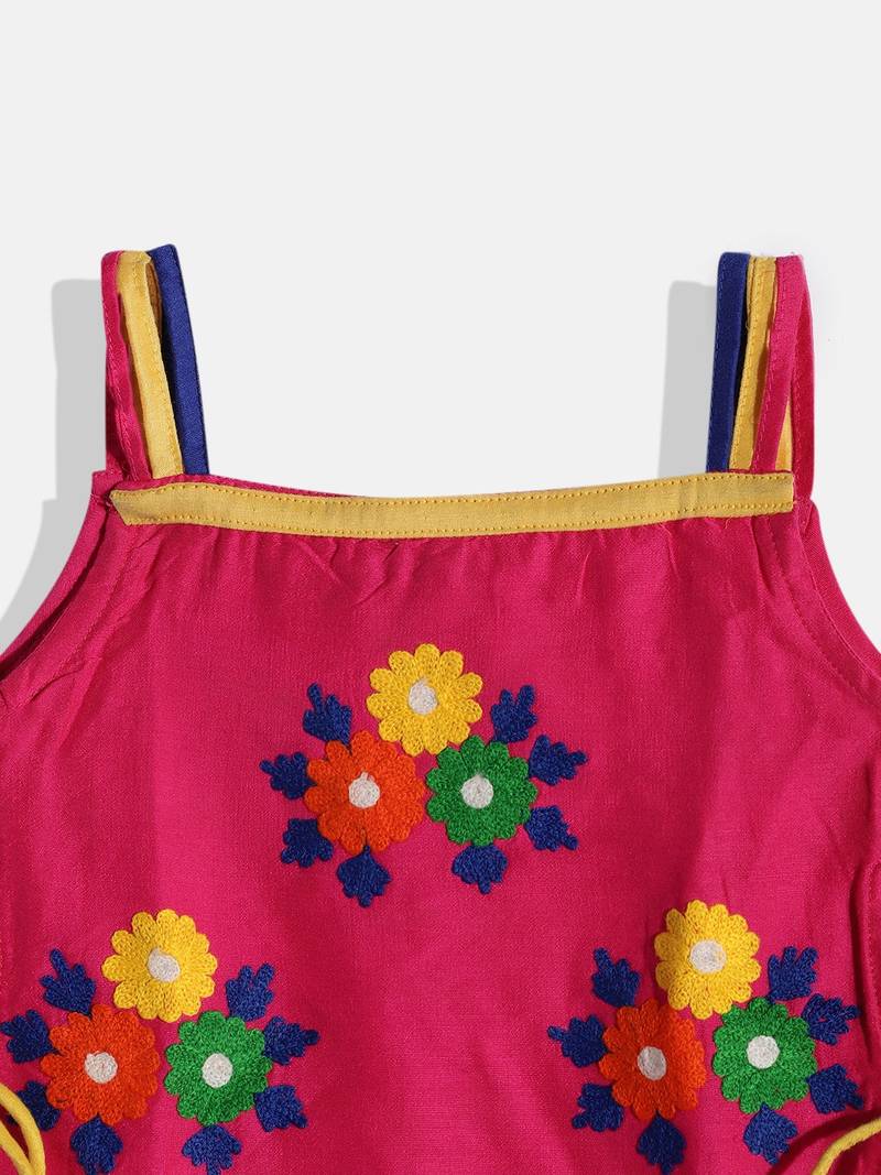 Embroidered Kurta With Printed Dhoti Pants- Pink & Green