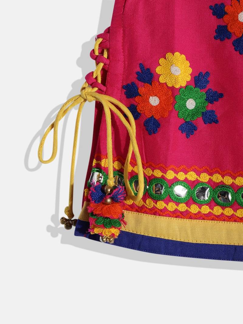 Embroidered Kurta With Printed Dhoti Pants- Pink & Green