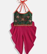 Embroidered Top With Dhoti Pants- Green & Magenta