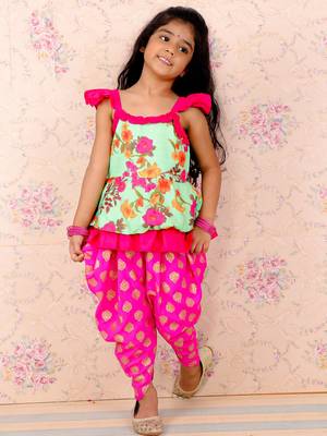 Floral Printed Top With Printed Dhoti Pants - Green & Pink 1