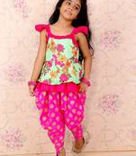 Floral Printed Top With Printed Dhoti Pants - Green & Pink