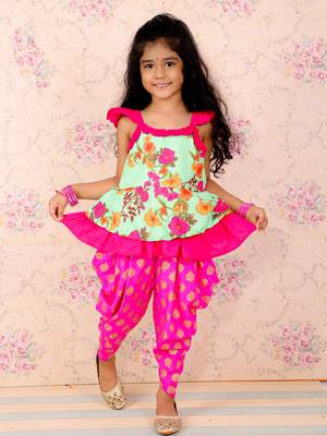 Floral Printed Top With Printed Dhoti Pants - Green & Pink 2