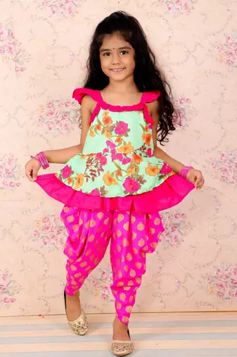 Floral Printed Top With Printed Dhoti Pants - Green & Pink