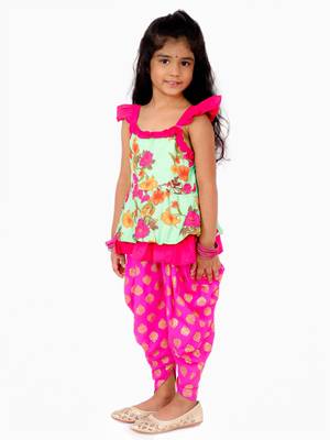 Floral Printed Top With Printed Dhoti Pants - Green & Pink 3