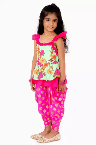 Floral Printed Top With Printed Dhoti Pants - Green & Pink
