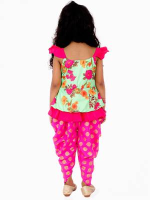 Floral Printed Top With Printed Dhoti Pants - Green & Pink 4