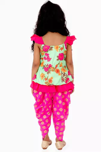Floral Printed Top With Printed Dhoti Pants - Green & Pink