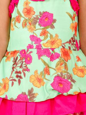 Floral Printed Top With Printed Dhoti Pants - Green & Pink 5