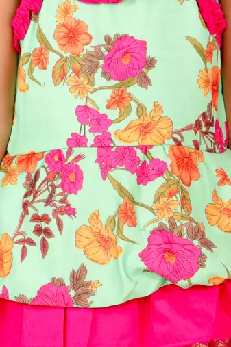 Floral Printed Top With Printed Dhoti Pants - Green & Pink