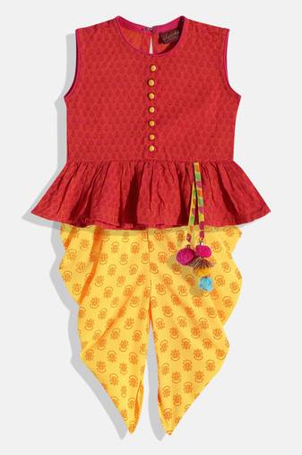 Twsiha Girls Jaquard Peplum Top With Printed Dhoti Pants- Red & Yellow