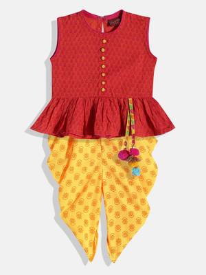 Twsiha Girls Jaquard Peplum Top With Printed Dhoti Pants- Red & Yellow 1