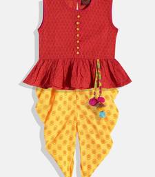 Twsiha Girls Jaquard Peplum Top With Printed Dhoti Pants- Red & Yellow
