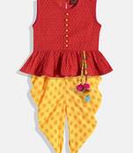 Twsiha Girls Jaquard Peplum Top With Printed Dhoti Pants- Red & Yellow