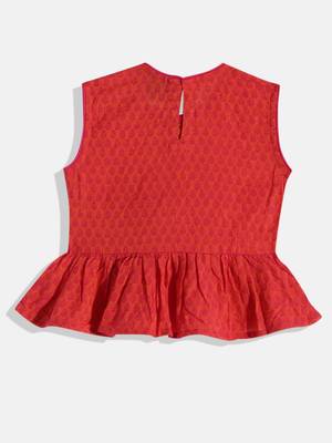 Twsiha Girls Jaquard Peplum Top With Printed Dhoti Pants- Red & Yellow 2