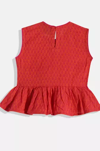 Twsiha Girls Jaquard Peplum Top With Printed Dhoti Pants- Red & Yellow