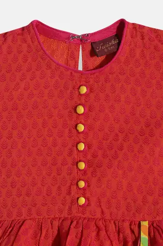 Twsiha Girls Jaquard Peplum Top With Printed Dhoti Pants- Red & Yellow