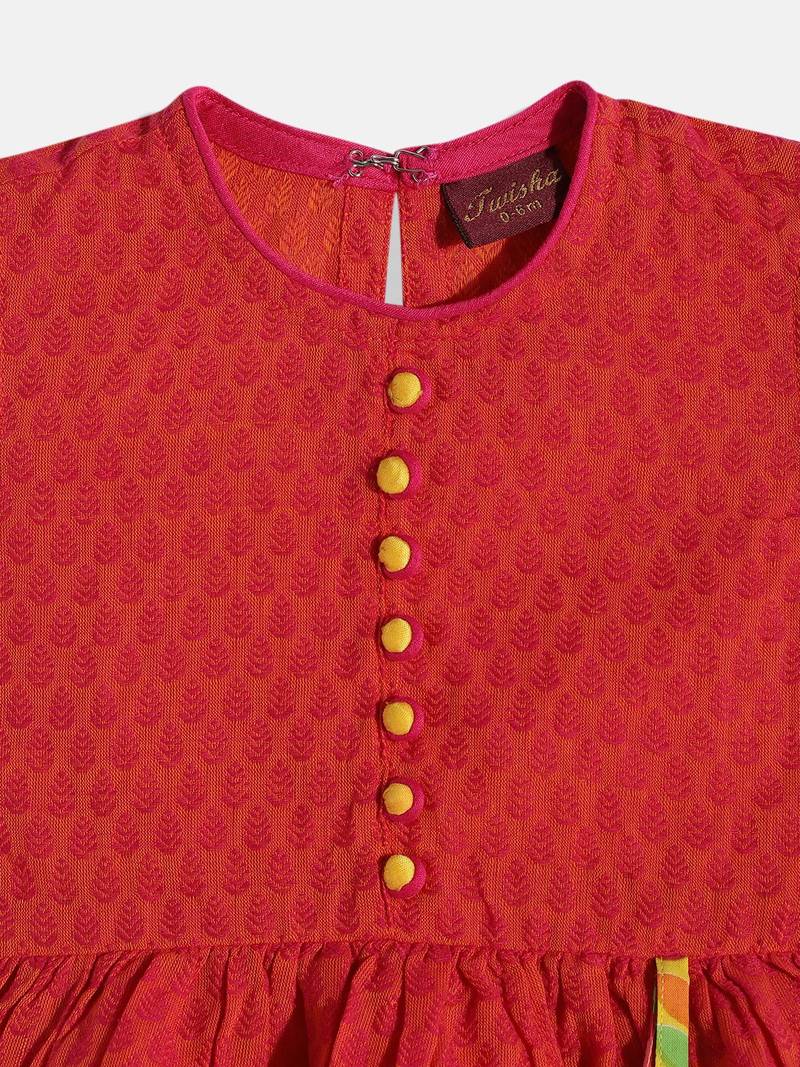 Twsiha Girls Jaquard Peplum Top With Printed Dhoti Pants- Red & Yellow