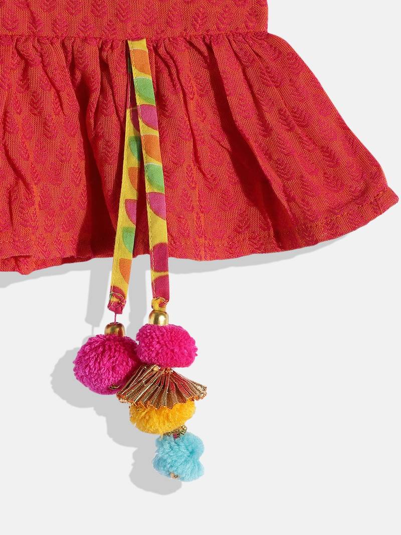 Twsiha Girls Jaquard Peplum Top With Printed Dhoti Pants- Red & Yellow