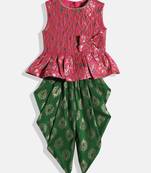 Twsiha Girls Self Design Peplum Top With Printed Dhoti Pants- Pink & Green
