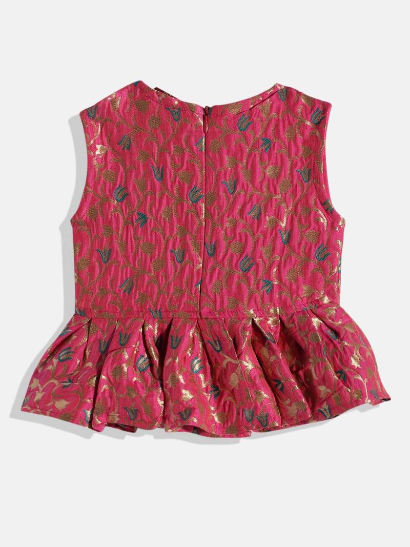 Twsiha Girls Self Design Peplum Top With Printed Dhoti Pants- Pink & Green