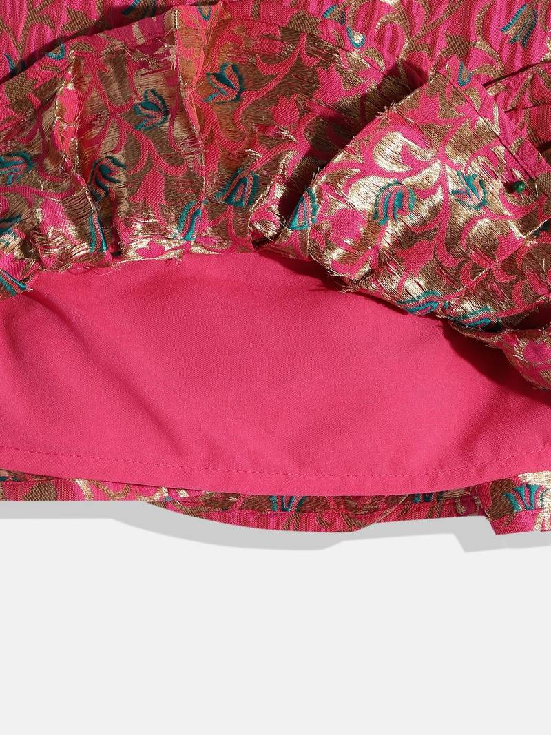 Twsiha Girls Self Design Peplum Top With Printed Dhoti Pants- Pink & Green