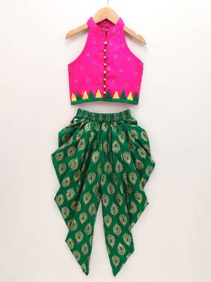 Self Design Top With Printed Dhoti Pants- Pink & Green 1