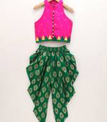 Self Design Top With Printed Dhoti Pants- Pink & Green