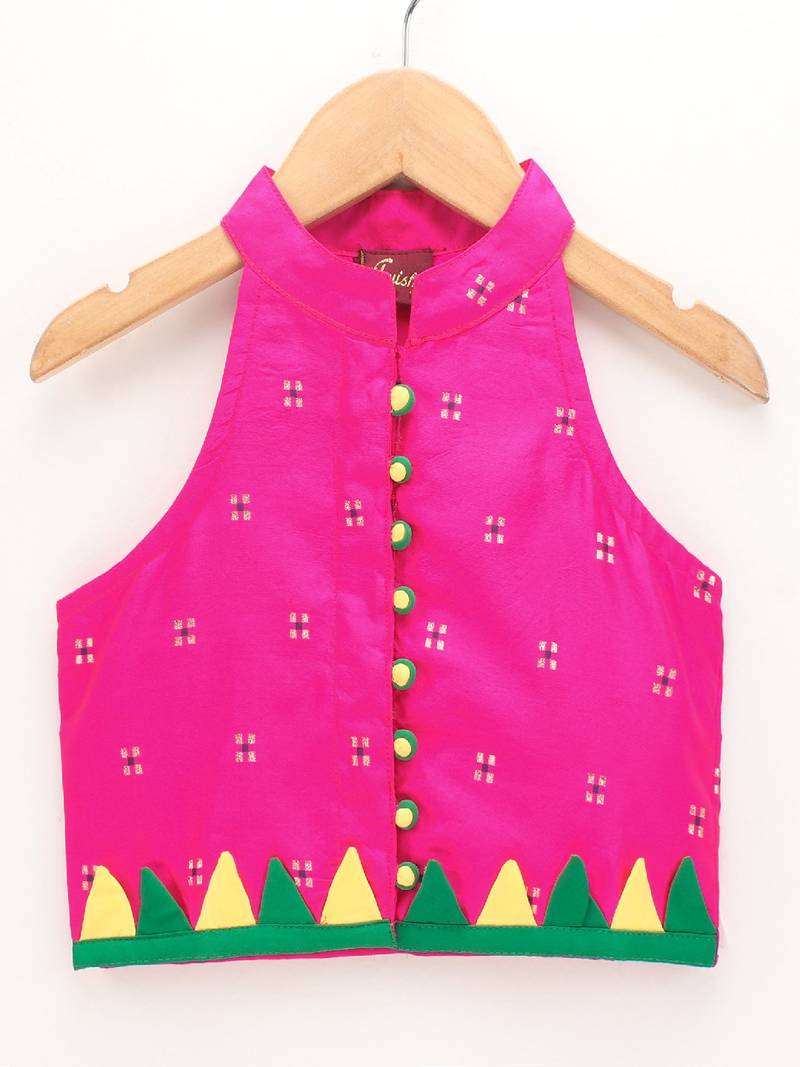Self Design Top With Printed Dhoti Pants- Pink & Green