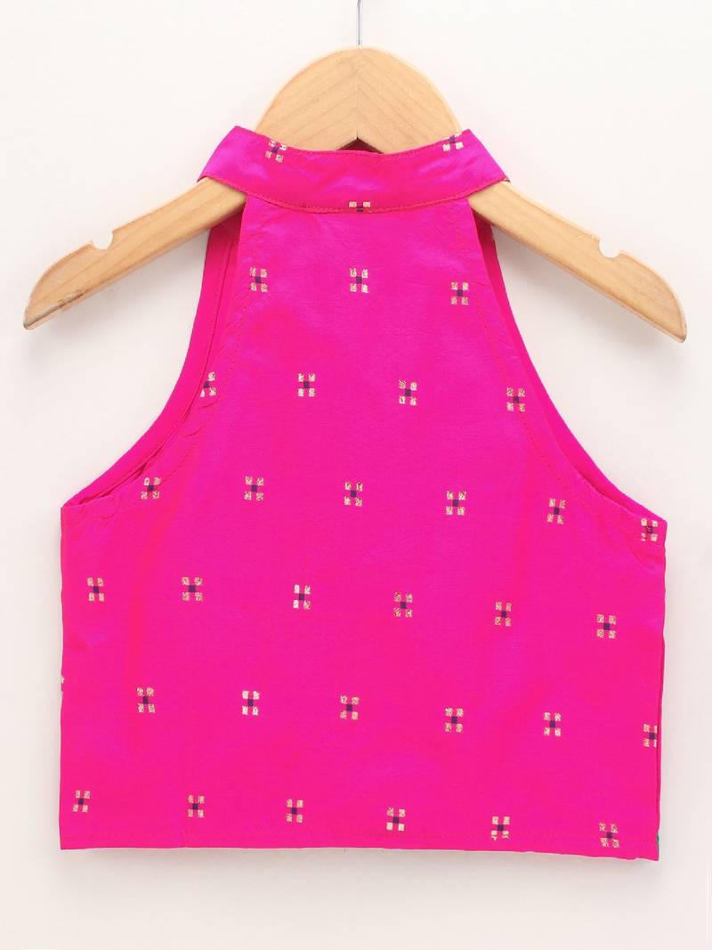 Self Design Top With Printed Dhoti Pants- Pink & Green