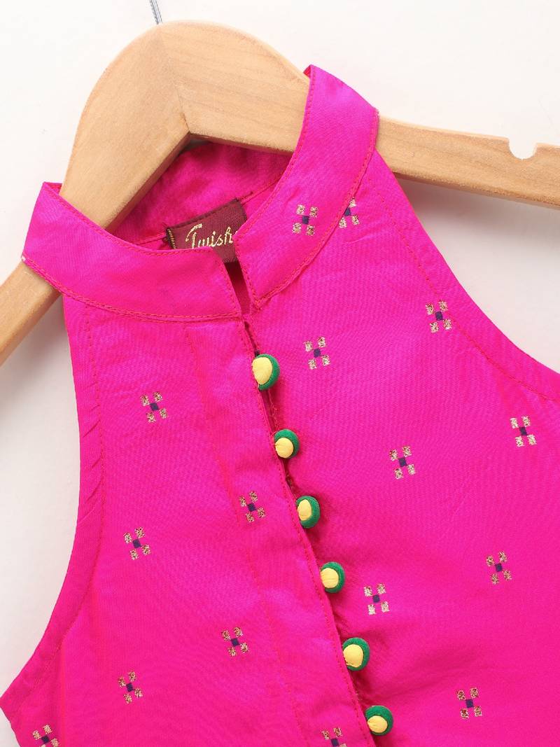 Self Design Top With Printed Dhoti Pants- Pink & Green