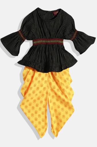 Striped Top With Printed Dhoti Pants- Black & Yellow
