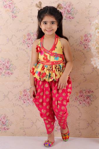 Floral Printed Top With Printed Dhoti Pants- Yellow & Red