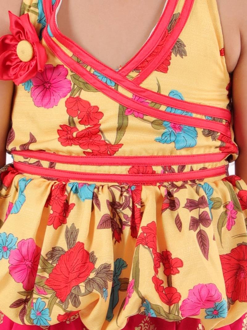Floral Printed Top With Printed Dhoti Pants- Yellow & Red