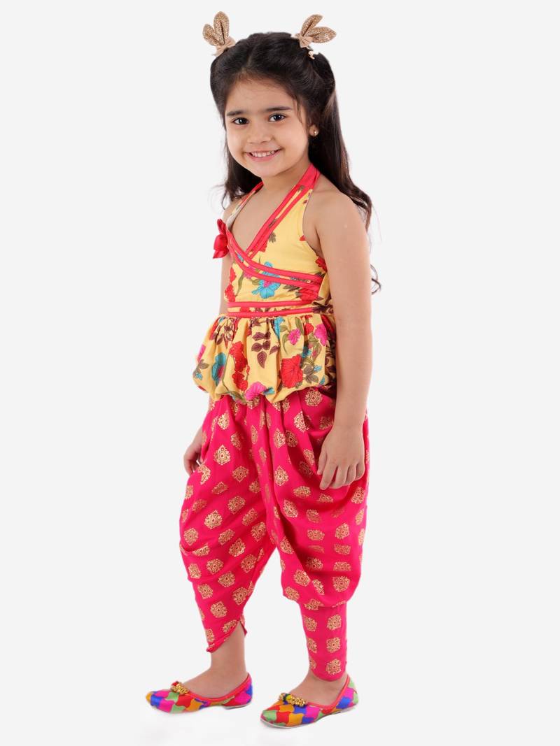 Floral Printed Top With Printed Dhoti Pants- Yellow & Red