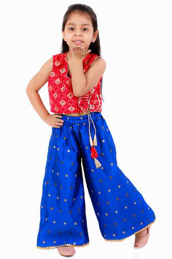 Angarkha Top With Self Design Palazzos- Red & Blue