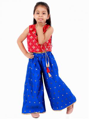 Angarkha Top With Self Design Palazzos- Red & Blue 1