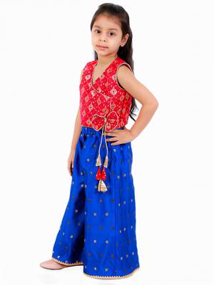 Angarkha Top With Self Design Palazzos- Red & Blue 2