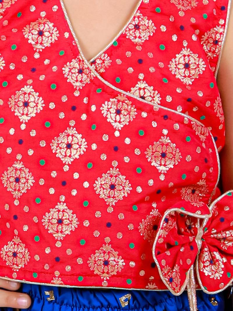 Angarkha Top With Self Design Palazzos- Red & Blue