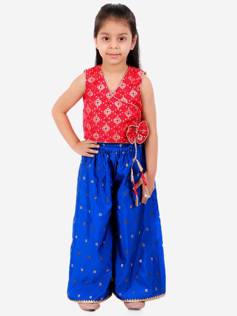Angarkha Top With Self Design Palazzos- Red & Blue