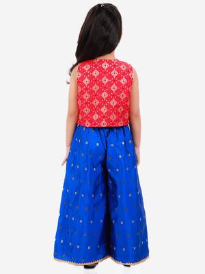 Angarkha Top With Self Design Palazzos- Red & Blue 5