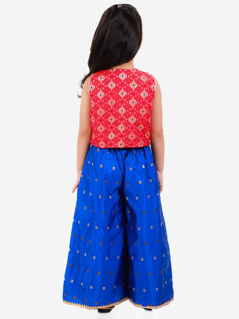 Angarkha Top With Self Design Palazzos- Red & Blue