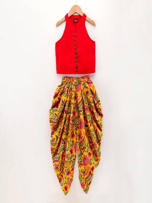 Chevron Design Top With Printed Dhoti Pants- Red & Yellow 1