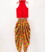 Chevron Design Top With Printed Dhoti Pants- Red & Yellow