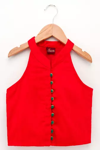 Chevron Design Top With Printed Dhoti Pants- Red & Yellow
